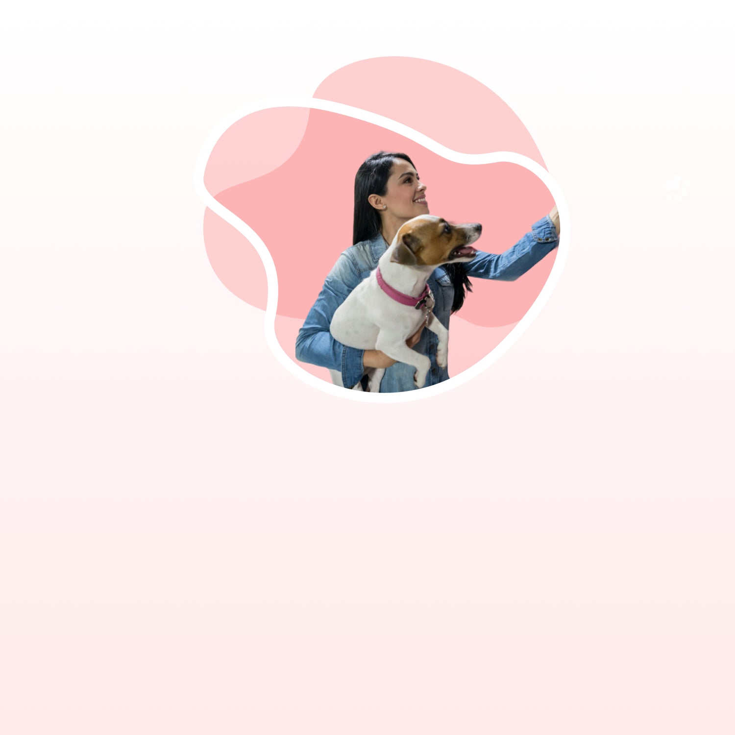 Woman holding a dog with a pink heart-shaped border on a white background