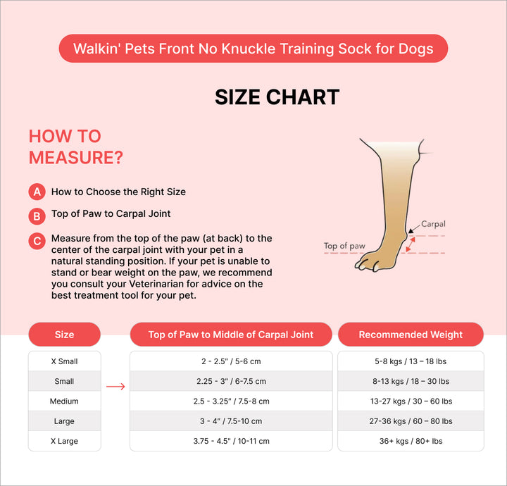 Size chart for Walkin' Pets Front No Knuckle Training Sock for Dogs with measurement guide and recommended weight range.