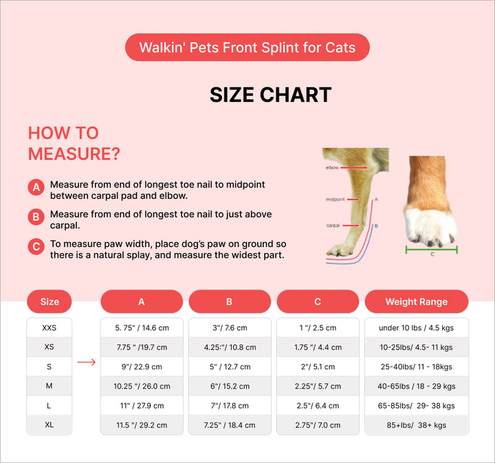 Size chart for Walkin' Pets Front Splint for Cats with measurements and weight ranges.