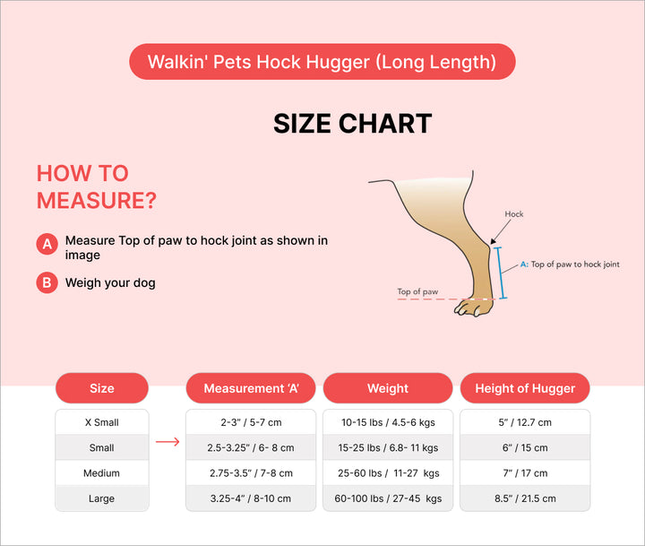 Size chart for Walkin' Pets Hock Hugger with measurement guide and dog weight and height information.