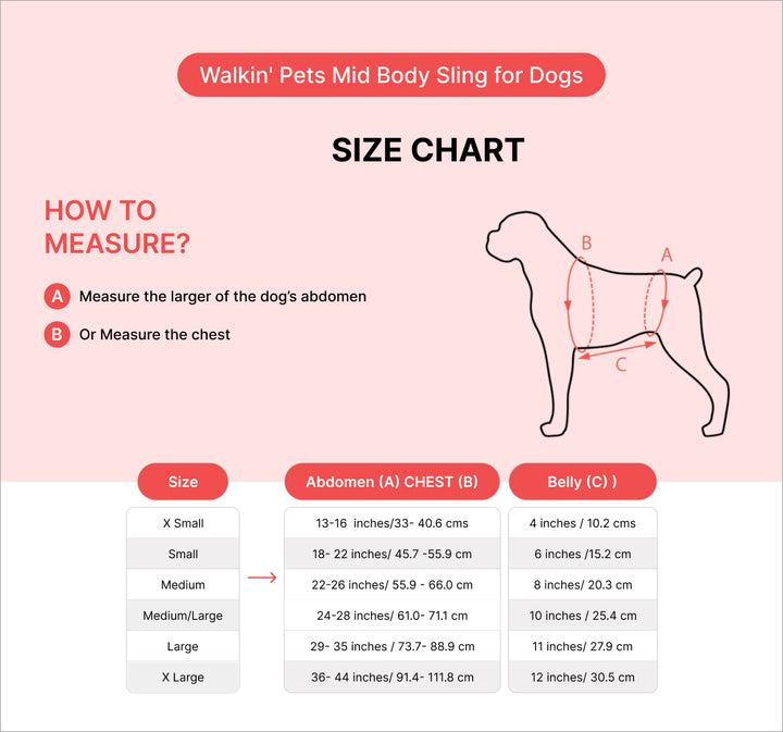 Size chart for Walkin' Pets Mid Body Sling for Dogs on a pink background