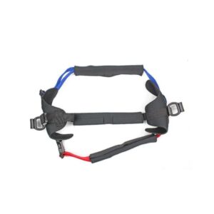 Black safety harness with red and blue straps on a white background